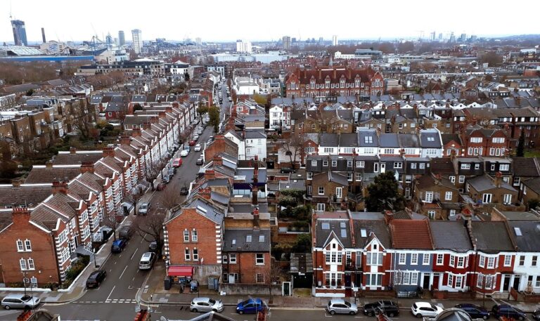 An aerial view showing townhouse properties in East London