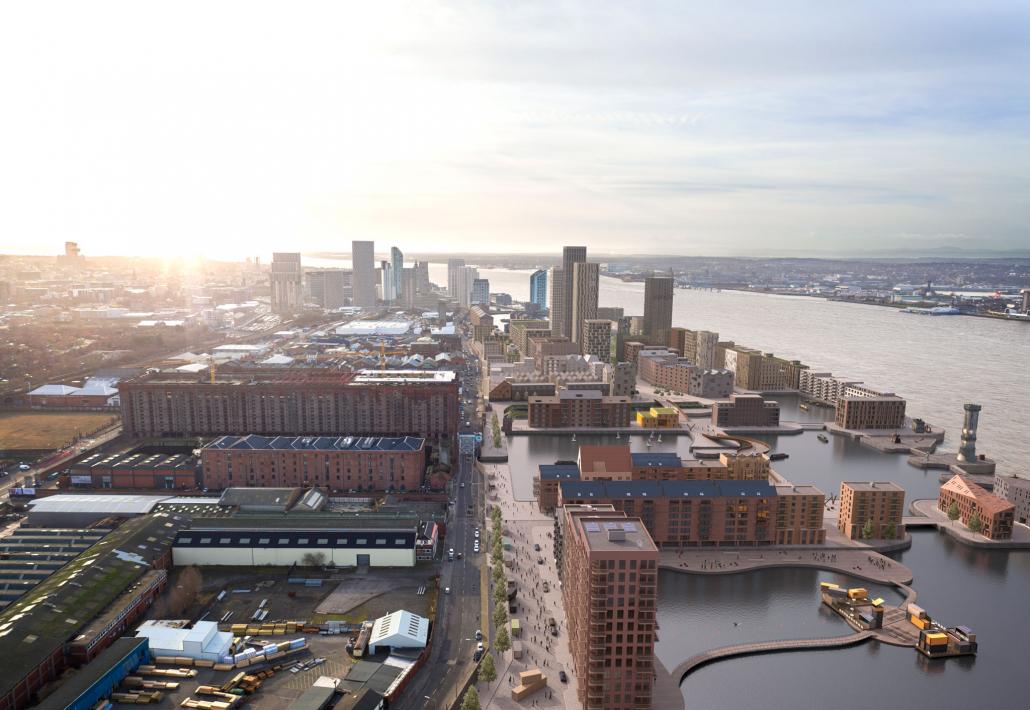 An aerial photograph of Liverpool, showing a range of modern properties