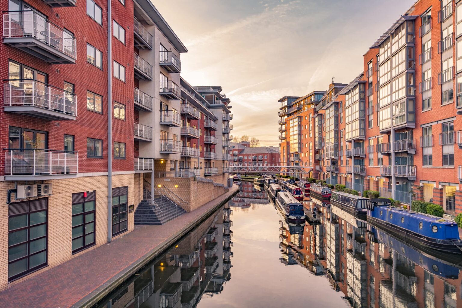 Photo of apartment buildings on either side of the Birmingham Canal