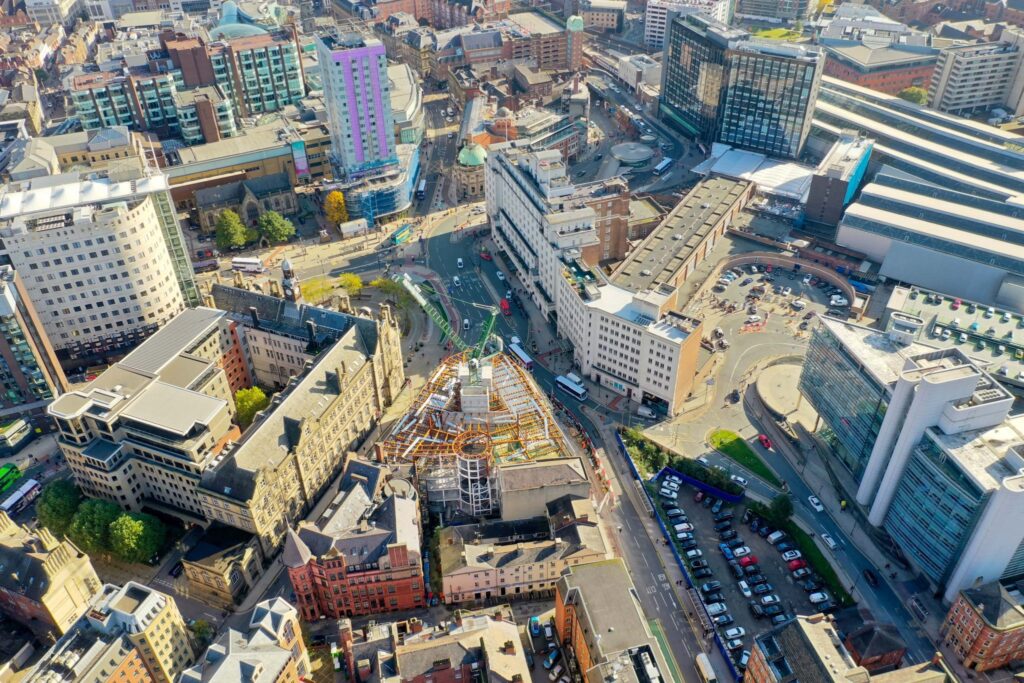 A birds-eye view of Leeds, showing impressive properties and transport links
