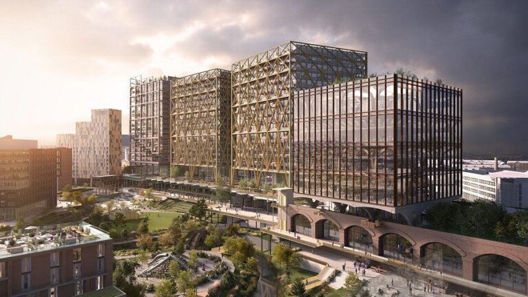 A view of Mayfield Park, Manchester, full of modern apartment blocks