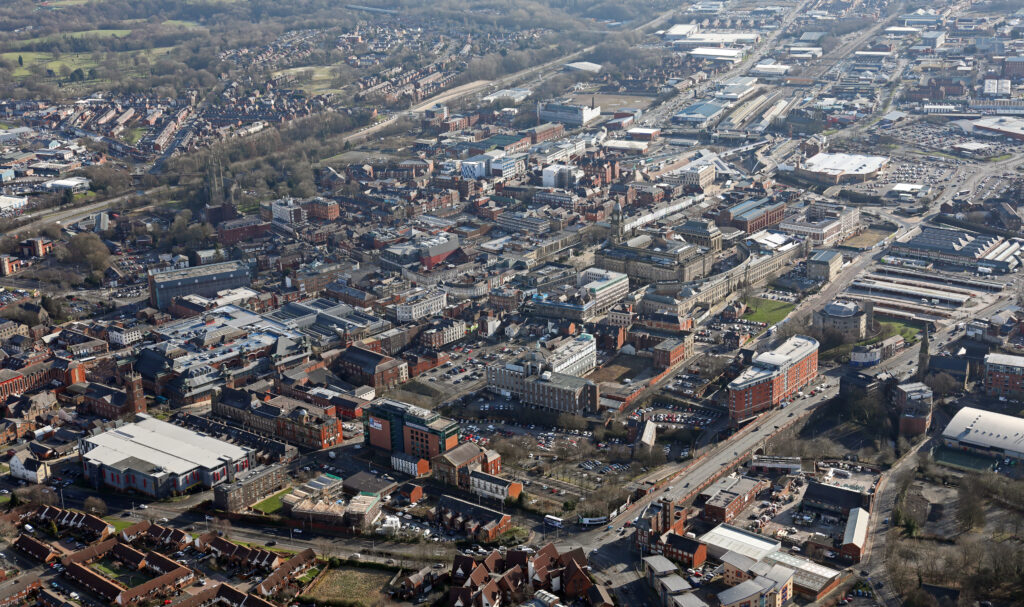An aerial view of Bolton Town Centre