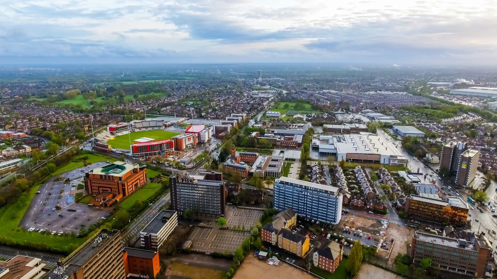 An aerial view of Trafford, Manchester, with many residential properties